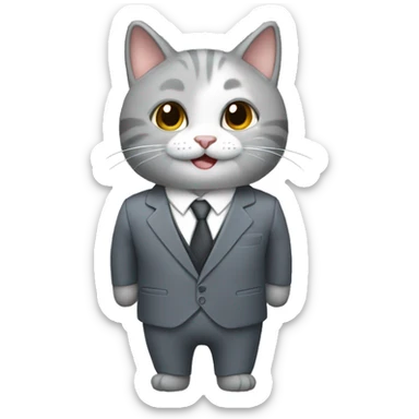 un gato gris con traje y sonriendo sticker