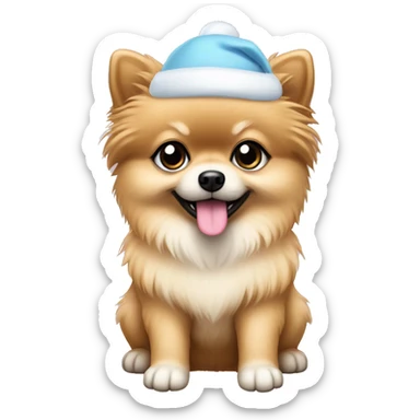 beige pomeranian puppy full body light blue eyes pink christmas hat on sticker