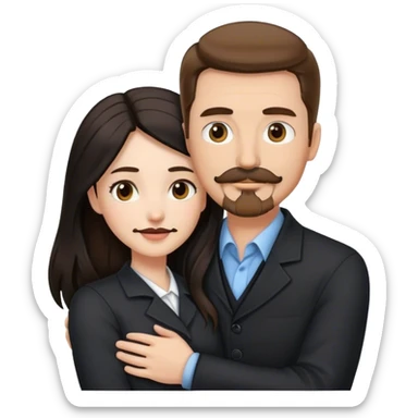 tall white man with brown hair goatee mustache hugging a pale woman with long black hair, wearing professional clothing sticker