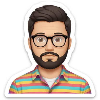 a 30-year-old man with light skin, medium solid build, wide face, soft cheeks, rounded jawline, neutral relaxed expression, short dense full beard, wavy voluminous brown-black hair at the front, large rectangular black thick frame glasses, colorful button-up shirt open showing white t-shirt sticker
