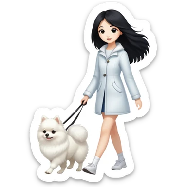 A girl with long black hair walks a white Pomeranian sticker
