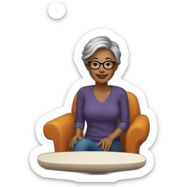 Woman with short gray hair and glasses sitting by fireplace  sticker