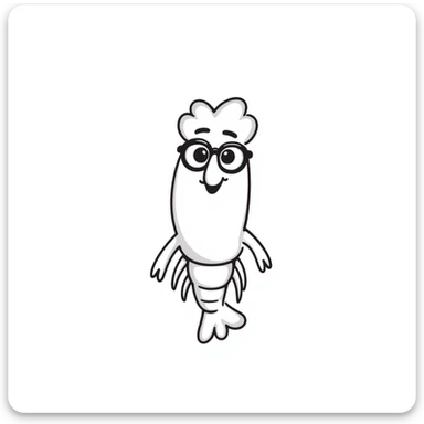 a little shrimp that is old with white hair and glasses, elderly shrimp character with white eyebrows and hair, wearing round glasses sticker