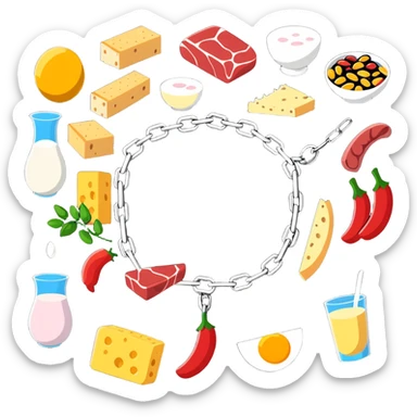Close up of vibrant protein foods (meat, egg, beans, tofu, yogurt) connected in a chain or cluster, glowing and unified, floating together in a warm light. sticker