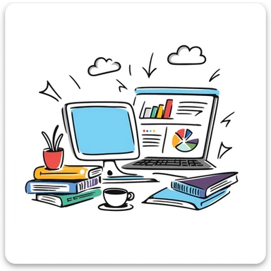 Academic research illustration showing a desktop with laptop, stacked reference books, coffee mug, and analytical charts and graphs. Hand-drawn colorful doodle with blue screen, vibrant book covers, and colorful data visualizations. sticker