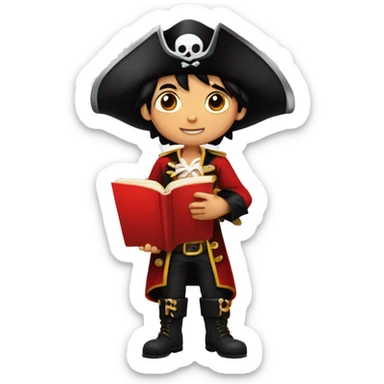 A boy, 12 years old, black hair, shiny eyes, a red pirate costume, a pirate hat with an image of crossbones and a skull, stands reading a red book sticker