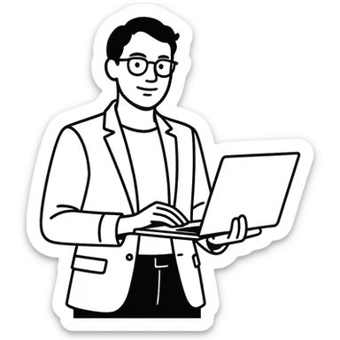 gender neutral marketer with glasses, casual business outfit, using a laptop, confident pose, minimal background sticker