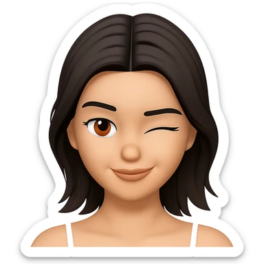 Edit the female face with short dark hair, center part, brown eyes in Apple emoji style with a 3D look and soft shading. Create a winking expression. Transparent background. sticker