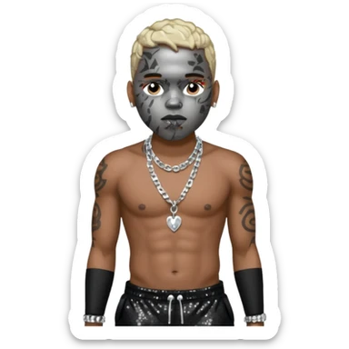 Chris Brown with black sequin baggy pants, shirtless with necklace sticker