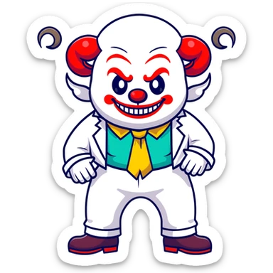 full-body demonic clown in a white leisure suit with bellbottom pants, bald, black ram horns, flashy belt, ruffled shirt, colorful tie, no elevator shoes sticker