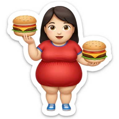 n create a humongous asian girl with 2 burgers and a cookie in her mouth, she is super obese, please make her a full body emoji sticker