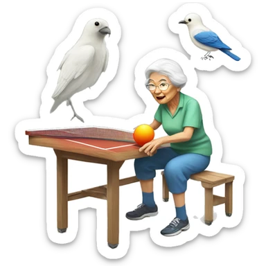 an  old lady climber is playing ping pong with a bird sticker