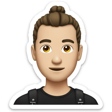 round face chinese guy with fair skin and man bun and black shirt and bass guitar sticker