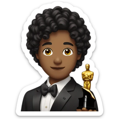 17 years old boy with a black curly hair hold an oscar sticker