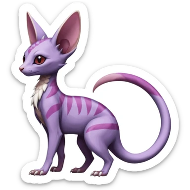 Furry, scaly, Purple, white, black, Minccino-Sphynx-Lykoi-Linoone-Zangoose-fusion-hybrid-animal-Fakémon-creature, full body, thin long sleek scaly tail, intricate markings sticker