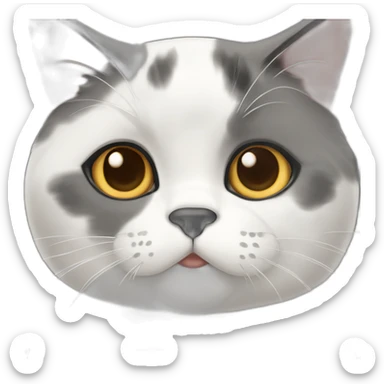 senior chubby diluted calico cat, white chin, black nose, grey ears, grey and white sticker