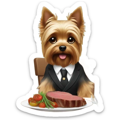 Yorkie eating steak at a dinner table sticker
