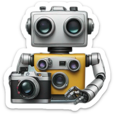 robot holding a 35mm film camera sticker