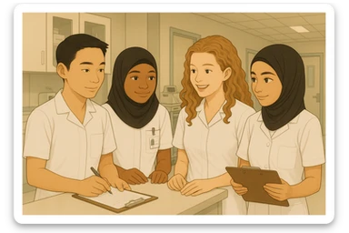 Remove the stethoscopes from the image. Modify the nursing students' outfits so that they are all white, closed, short-sleeved, without undershirts. Maintain a realistic style and keep the hospital ambiance. sticker