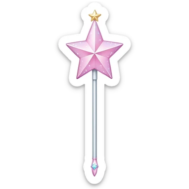 a long, slender stick, often depicted in a shimmering silver , At the top, it features a large, star-shaped tip that sparkles with pastel colors like pink, The wand has whimsical designs with  glittering accents sticker