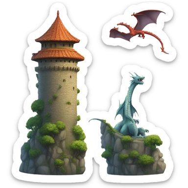 Two of the same tower and a small dragon flying  sticker