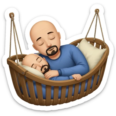 a man who is tan and bald with a black goatee sleeping in a cradle sticker