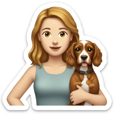 White Girl with brown hair holding yellow cocker spaniel mix sticker