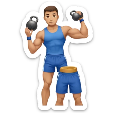 jacked man with blue shorts holding kettlebell sticker