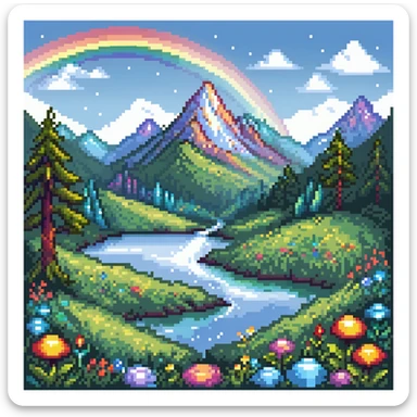Enchanted meadow with rainbow and crystal mountains sticker