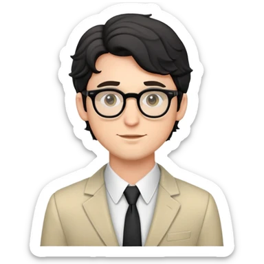 Young caucasian man with black wavy hair, round glasses, semi-formal theater outfit with blazer and collared shirt sticker