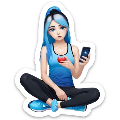 Heart broken and disappointed-very very very very large chest-texting on a samsung cell phone-very long straight flowing black to sky blue hair ombre-blue eyes-black eyeliner-long eyelashes-iridescent sky blue very low cut tank top with sparkling middle finger logo-black leggings-nike sneakers sticker