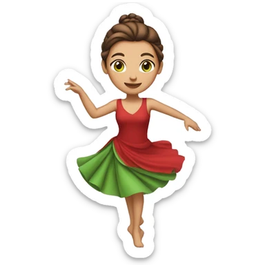 woman dancing emoji iOS red dress light skin, green and brown eyes, brown hair up in a bun in the typical dancing pose sticker