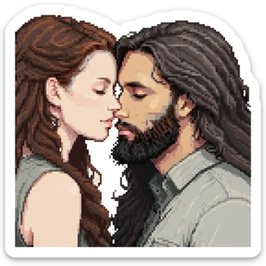 pixel art of a white woman with long wavy dark brown hair kissing a white man with long hair and black beard, transparent background sticker