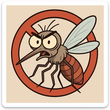 cartoon mosquito with exaggerated features overlaid by a red prohibition symbol circle and slash, clean and simple cartoon style sticker