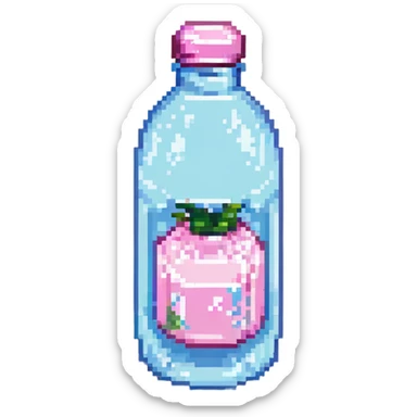 pastel pink bottle of water, retro and blocky, pixel art style sticker