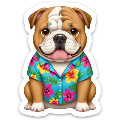 english bulldog wearing a colorful Hawaiian shirt and a dog tag that says 'chompers', emoji style sticker