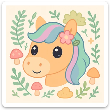 Add more forest details around the cute horse head, such as ferns, moss, mushrooms, and leafy branches, in kawaii style with big eyes, pastel colors, simple shapes, and nature details. sticker