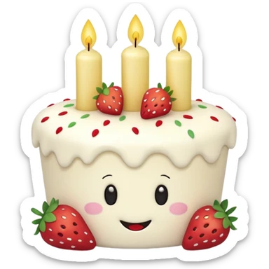 Jellycat vanilla cake with white frostting and strawberries on top with one candle with smiley face and legs sticker