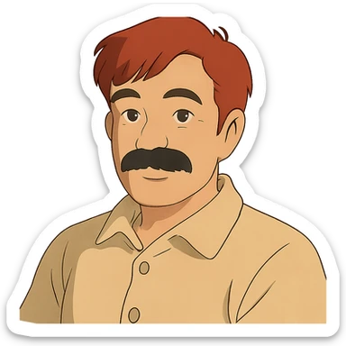 Asian man with black mustache and red hair, ghibli style sticker