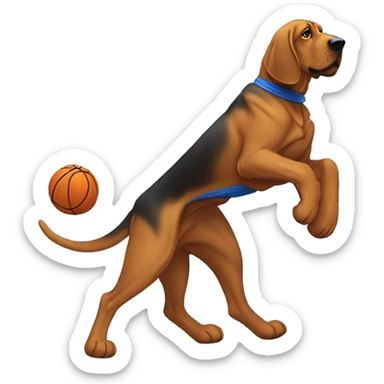 A bloodhound with a blue and orange cape spinning a basketball on its paw! sticker