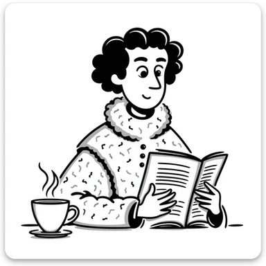 Chaucer reading and drinking tea, playful and sketchy, hand-drawn doodle style sticker