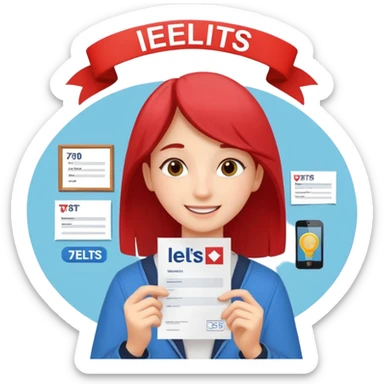 студентка радостная после успешной сдачи экзамена IELTS на 7.0 смотрит свои результаты на сертификате с текстом IELTS на белом фоне  sticker