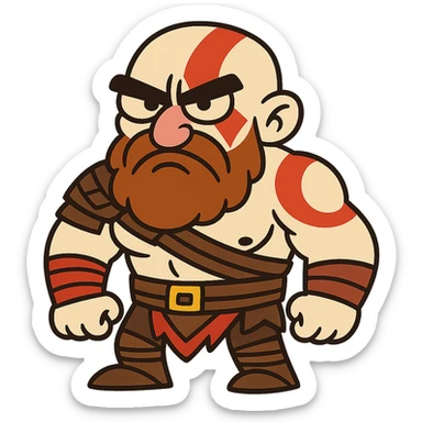 Funny cartoon version of Kratos with exaggerated features, looking grumpy sticker