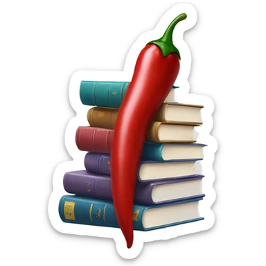 stack of books with a chili pepper sticker