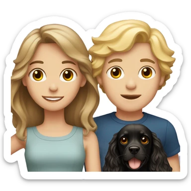 brown-haired girl and blond-haired boy with a black cocker spaniel sticker