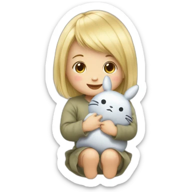 bébé fille blonde décoiffée avec une peluche Totoro  sticker