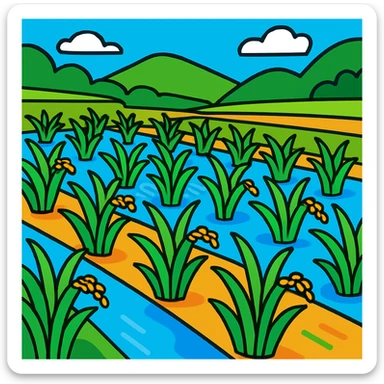 stylized rice field with green plants and water, cartoon style sticker