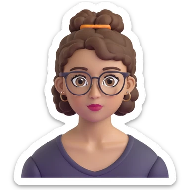 23-year-old girl with square thin glasses, brown curly hair in a high bun, big eyes and lashes, small nose and mouth, thin hoop nose piercing sticker