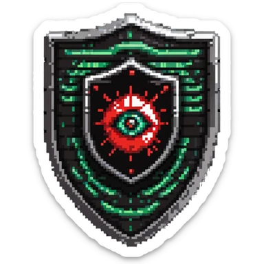 Shield badge with binary code pattern and a red warning eye symbol, cybersecurity expert sticker