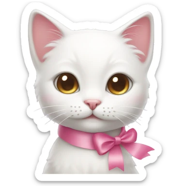 White cat smiling cutely with a cute pink ribbon on her head  sticker